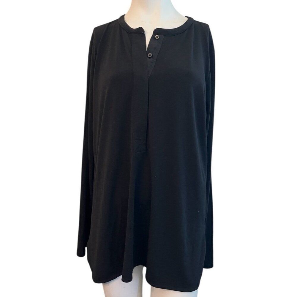 Lauren Ralph Lauren Womens XL Black 1/4 Button Blouse Long Sleeve Stretch Shirt